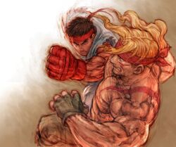 2boys abs alex_(street_fighter) blonde_hair blue_eyes bodypaint boxing_gloves clenched_teeth dodging dougi facepaint fighting fingerless_gloves game_cg gloves headband highres long_hair male_focus multiple_boys muscular non-web_source official_art overalls ponytail punching red_headband ryu_(street_fighter) street_fighter street_fighter_iii_(series) teeth topless_male
