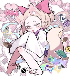 1girl animal_ears ash_blossom_&amp;_joyous_spring barefoot brown_hair called_by_the_grave crossout_designator dog_ears dog_girl duel_monster helm helmet highres japanese_clothes kimono long_sleeves looking_at_viewer mato_tsuyoi maxx_c pointing pointing_at_another shield short_hair smile sword tail weapon yu-gi-oh! yu-gi-oh!_master_duel