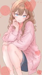 Rule 34 | 1girl, arm on knee, blue eyes, blue shorts, blush, brown background, brown hair, cardigan, circle, closed mouth, crossed arms, denim, denim shorts, dot nose, double-parted bangs, feet out of frame, hair intakes, hair over shoulder, hand on own face, heart, highres, long hair, long sleeves, looking at viewer, mikan mizu, orange shirt, original, pink cardigan, shirt, shorts, socks, squatting, turtleneck, turtleneck shirt, white socks