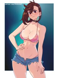 1girl absurdres ayase_momo bikini bikini_under_shorts black_choker blush border breasts brown_eyes brown_hair choker cleavage commentary cutoffs dandadan dashi_(dashiart) denim denim_shorts earrings hand_on_own_hip hand_on_own_thigh highres jewelry looking_at_viewer medium_breasts navel open_fly pink_bikini short_shorts shorts simple_background smile stomach swimsuit thighs variant_set white_background white_border