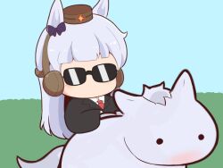 1girl animal_ears black_jacket blunt_bangs blush bow brown_hat collared_shirt commentary_request creature_and_personification ear_bow gold_ship_(racehorse) gold_ship_(umamusume) gomashio_(goma_feet) grey_hair hat horse horse_ears horse_girl jacket long_hair long_sleeves necktie no_mouth personification purple_bow red_necktie shirt sunglasses umamusume white_shirt