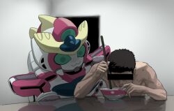 1boy 1other ao_isami bar_censor blank_room_soup bowl bravern censored censored_identity commentary eating holding indoors robot short_hair xylo_bee yuuki_bakuhatsu_bang_bravern