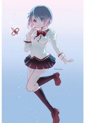1girl artist_name black_skirt black_socks blue_eyes blue_hair bow bowtie breasts ekakinosakura gradient_background highres kneehighs leg_up loafers looking_at_viewer mahou_shoujo_madoka_magica mahou_shoujo_madoka_magica_(anime) miki_sayaka miniskirt mitakihara_school_uniform puffy_sleeves red_bow red_bowtie school_uniform shoes short_hair skirt socks solo soul_gem twitter_username