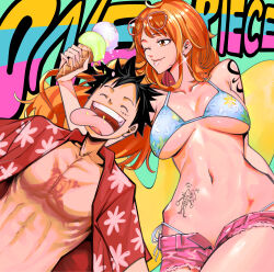 1boy 1girl beach_clothes bikini black_hair couple food highres ice_cream long_hair monkey_d._luffy nadanishi nami_(one_piece) one_piece open_clothes open_shirt open_shorts orange_hair scar shirt short_hair short_shorts shorts skimpy_clothing summer sunglasses sunglasses_on_head swimsuit tattoo tongue tongue_out unbuttoned