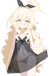1girl absurdres alternate_costume bare_shoulders black_nightgown black_panties black_ribbon blonde_hair blue_archive blush camisole camisole_lift clothes_lift covered_navel flat_chest fluffy_hair green_eyes hair_ribbon halo heart highres honi_(honi1010) loli long_hair looking_at_viewer navel nightgown panties professor_niyaniya_(blue_archive) ribbon see-through_clothes simple_background smile smug solo teeth thighs underwear very_long_hair wavy_hair white_background yellow_halo