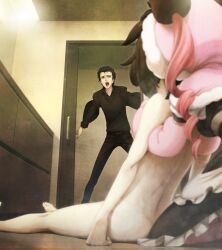 2girls animal_ears apron ass back black_hair black_pants black_shirt cat_ears cat_paws clothed_male_nude_female dimples_of_venus fainting faris_nyannyan feet floor game_cg green_hair highres hiyajou_maho indoors long_hair maid_apron multiple_girls nude okabe_rintarou open_mouth pants petite pink_eyes pink_hair scared shirt sitting steins;gate steins;gate_0