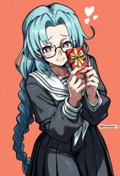 1girl absurdres artist_name black-framed_eyewear black_serafuku black_skirt blue_hair blush box braid braided_ponytail bright_pupils collarbone cowboy_shot gift gift_box glass grin hair_intakes hands_up heart highres holding holding_gift komatsuki_n long_hair long_sleeves looking_at_viewer neckerchief orange_background original parted_bangs pleated_skirt purple_eyes sailor_collar school_uniform semi-rimless_eyewear serafuku simple_background single_braid skirt smile solo standing teeth twitter_username valentine very_long_hair white_neckerchief white_pupils white_sailor_collar