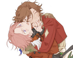 2boys annoyed armor brown_hair ensemble_stars! gloves hands_on_another&#039;s_face happy head_back highres hug jewelry kikuchiyo3 long_sleeves male_focus mikejima_madara multiple_boys open_mouth oukawa_kohaku pauldrons pink_hair purple_eyes ring shoulder_armor simple_background white_background white_gloves yaoi