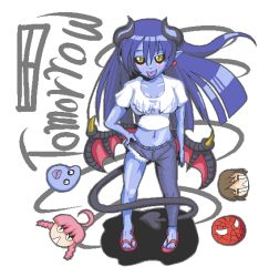 1girl :p astaroth_(shinrabanshou) asymmetrical_clothes black_sclera blue_hair blue_skin blush colored_sclera colored_skin cv_wakamoto demon_girl demon_tail earrings female_focus futaba_channel heart heart_earrings horns jewelry long_hair marvel non-web_source pointy_ears sandals shinrabanshou single_pantsleg solo spider-man spider-man_(series) tail tongue tongue_out translated we-tan wings yamada-san yellow_eyes