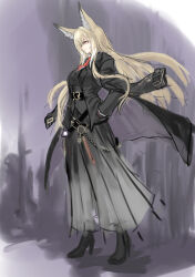 Rule 34 | 1girl, absurdres, animal ear fluff, animal ears, arknights, black coat, black jacket, black pants, black shoes, black vest, blonde hair, blush, brown gloves, coat, coat on shoulders, colored eyelashes, fox ears, fox girl, from side, gloves, hand on own hip, high heels, highres, jacket, jo p, looking afar, pants, parted lips, shoes, solo, tail, vest, vulpisfoglia (arknights)