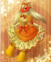 1girl bandaged_arm bandages blaziken bow colored_sclera corset curtsey dress feet female_focus frilled_dress frills full_body furry furry_female gen_3_pokemon hands_up highres kakiikada long_hair looking_away looking_to_the_side nintendo orange_background orange_dress platinum_blonde_hair pokemon pokemon_(creature) pokemon_rse red_background red_bow red_eyes short_sleeves skirt_hold solo standing yellow_sclera