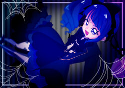 1girl absurdres black_bow black_bowtie blue_dress blue_eyes blue_hair bow bowtie commentary cut_bangs dress drill_hair dutch_angle fangs hair_bow halloween halloween_costume highres hirogaru_sky!_precure long_sleeves looking_at_viewer medium_hair official_alternate_costume okzm_an0n open_mouth precure short_dress side_drill side_ponytail silk single_sidelock smile solo sora_harewataru spider_web standing twitter_username