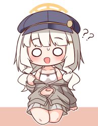 1girl :d ? ?? aoba_(blue_archive) bare_shoulders blue_archive blue_hat blush cabbie_hat camisole chibi collarbone full_body grey_hair grey_jacket grey_skirt hair_ornament hairclip halo hana_kazari hand_up hat heart highres jacket long_hair looking_at_viewer navel o_o off_shoulder open_mouth outline pleated_skirt seiza simple_background sitting skirt smile solo sweat white_background white_camisole white_outline