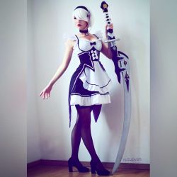 Rule 34 | apron, hair ornament, high heels, maid, makeup, nier (series), nier:automata, photo (medium), short hair, sword, thighhighs, weapon, white hair, 2b (nier:automata), yuzu pyon