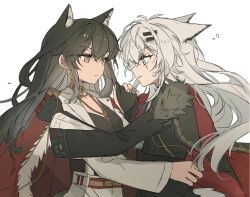 Rule 34 | 2girls, animal ears, arknights, belt, black gloves, black hair, cape, closed mouth, cross, cross necklace, earrings, eye contact, face-to-face, gloves, grey eyes, grey hair, hair between eyes, hair ornament, hairclip, highres, holding hands, jewelry, lappland (arknights), lappland the decadenza (arknights), latin cross, light smile, long hair, long sleeves, looking at another, multiple girls, necklace, orange eyes, parted lips, profile, red belt, red cape, seri (vyrlw), simple background, spanish flag, spanish flag print, texas (arknights), white background, wolf ears, wolf girl, yellow belt, yuri