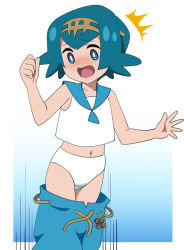 1girl accidental_exposure assisted_exposure blue_eyes blue_hair blue_pants blush clothes_pull embarrassed game_freak lana_(pokemon) navel nintendo non-web_source panties pants pants_falling pants_pull pantsing pokemon shirt sleeveless sleeveless_shirt underwear white_panties yume_yoroi