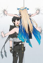 1boy 1girl bandaged_hand bandages bare_legs barefoot black_dress black_gloves black_hair black_jacket black_pants blonde_hair bracelet cartethyia_(wuthering_waves) cicada_block_(meme) crack cracked_wall crown_of_thorns dress earrings gizen_(user_pudd8825) gloves grey_shirt highres jacket jewelry kabedon long_hair male_rover_(wuthering_waves) meme open_clothes open_jacket open_mouth pants pointy_ears pouch rover_(wuthering_waves) shirt sleeves_rolled_up spiked_bracelet spikes surprised tabard tacet_mark_(wuthering_waves) thigh_pouch white_tabard wuthering_waves