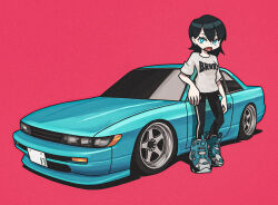 1girl black_hair black_pants blue_eyes blue_footwear bokuya breasts earrings fang fangs grey_footwear grey_shirt hair_behind_ear highres jewelry medium_breasts nissan nissan_silvia nissan_silvia_s13 open_mouth original pants red_background reebok reebok_pump shadow shirt short_hair solo sweatpants two-tone_footwear vehicle_focus