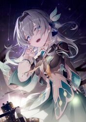 Rule 34 | 1girl, absurdres, black hairband, black jacket, blue pupils, cropped jacket, firefly (honkai: star rail), floating hair, green skirt, grey hair, hairband, hand up, highres, honkai: star rail, honkai (series), jacket, jelmul, long hair, looking at viewer, meteor shower, multicolored eyes, neckerchief, night, night sky, open mouth, orange neckerchief, pleated skirt, shirt, skirt, sky, solo, tearing up, teeth, two-tone eyes, upper teeth only, white shirt