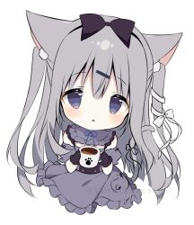 1girl amairo_chocolata animal_ear_fluff animal_ears black_bow black_gloves black_hairband black_ribbon blue_ribbon blush bow cat_ears cat_girl cat_tail chibi commentary_request cup detached_sleeves dress frilled_dress frills full_body gloves grey_dress grey_eyes grey_hair grey_sleeves hair_between_eyes hair_bow hair_ornament hairband hairclip holding holding_cup long_hair looking_at_viewer mug neck_ribbon parted_lips puffy_short_sleeves puffy_sleeves ribbon shiratama_(shiratamaco) short_sleeves simple_background solo tail tail_ornament tail_ribbon twitter_username two_side_up very_long_hair watermark white_background white_bow yukimura_chieri