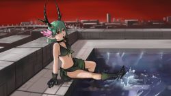 1girl antlers bikini blue_hair breasts c_(control) choker cleavage eating flower fur gloves hair_flower hair_ornament head_wings horns midas_money paintrfiend pointy_ears pool q_(control) red_eyes sarong short_hair solo swimsuit wings