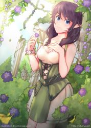 1girl artist_name avanna bare_arms bare_shoulders black_hair blue_eyes bracelet breasts chorvaqueen cleavage closed_mouth collarbone commentary cowboy_shot day dress dutch_angle elf falling_leaves flower flower_bracelet freckles green_dress hand_on_own_chest hand_up holding holding_flower leaf legs_together long_hair looking_at_viewer medium_hair pillar plant pointy_ears purple_flower sleeveless sleeveless_dress small_breasts smile solo standing vocaloid watermark web_address