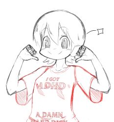 1girl aioi_yuuko closed_mouth clothes_writing collarbone looking_at_viewer madmex meme nichijou pointing pointing_at_self red_shirt shirt short_hair sketch smile solo sparkle spot_color upper_body wide_sleeves
