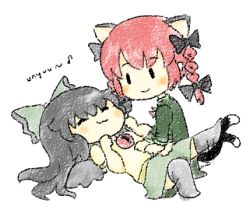 2girls animal_ears belly_rub black_hair bow braid cat_ears cat_girl cat_tail drawfag female_focus kaenbyou_rin lowres multiple_girls red_hair reiuji_utsuho tail third_eye touhou unyu