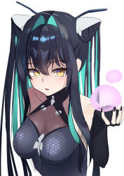 1girl absurdres aqua_hair bare_shoulders black_bodysuit black_hair blue_hair bodysuit breasts cleavage colored_inner_hair gloves goddess_of_victory:_nikke hair_intakes halterneck highres large_breasts little_mermaid_(nikke) long_hair looking_at_viewer multicolored_hair see-through_cleavage see-through_clothes solo twintails user_asry4524 very_long_hair yellow_eyes