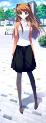 10s 1girl :o absurdres bench black_ribbon black_skirt brown_eyes brown_hair cloud female_focus full_body game_cg hair_ribbon highres jacket long_hair looking_at_viewer ogiso_setsuna outdoors pantyhose ribbon shoes skirt sky solo standing tree turtleneck two_side_up white_album_(series) white_album_2