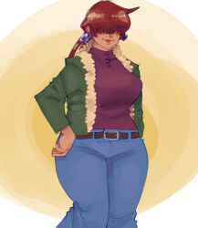 1girl 1shermieaday breasts curvy denim earrings female_focus fluffy heart jacket jeans jewelry large_breasts long_hair pants ponytail red_hair shermie_(kof) shirt smile smiley_face standing the_king_of_fighters thick_thighs thighs twintails wide_hips