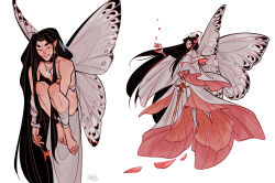 1boy absurdly_long_hair age_comparison bandaged_arm bandaged_leg bandages bare_shoulders barefoot black_eyes black_hair boots bug butterfly butterfly_wings chinese_clothes closed_eyes closed_mouth commentary cursed_shackle dress english_commentary fairy flower fmd hair_flower hair_ornament hanfu highres holding holding_flower holding_sword holding_weapon insect insect_wings jewelry long_hair long_sleeves multiple_views necklace nude open_mouth pink_flower pink_skirt pointy_ears red_flower ring ring_necklace see-through_butterfly signature simple_background skirt smile sword tianguan_cifu topknot very_long_hair weapon white_background white_boots white_butterfly white_dress white_hanfu white_wings wide_sleeves wings xiao_guan_(headdress) xie_lian xie_lian_(flower_crowned_martial_god)