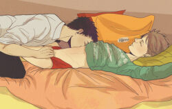 2boys clothes_pull haikyuu!! indoors iwaizumi_hajime lying male_underwear male_underwear_pull mightynyunyi moaning multiple_boys oikawa_tooru_(haikyuu!!) on_back sweater underwear yaoi