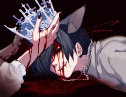 Rule 34 | 2boys, animal ears, black background, black eyes, black hair, bleeding, blood, blood from forehead, blood on clothes, blood on face, blood on hands, chino (sky tanosi), commentary request, crown, dog boy, dog ears, ear piercing, highres, holding, holding crown, jewelry, lying, male focus, multiple boys, necklace, on stomach, original, out of frame, pearl necklace, piercing, short hair, simple background, solo focus, upper body