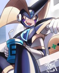 1boy absurdres armor artist_name bass_(mega_man) black_armor black_helmet chest_jewel energy_tank facial_mark forehead_jewel helmet highres male_focus mega_man_(classic) mega_man_(series) shoulder_armor sitting solo xenon_(xenonb)