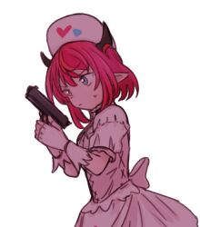 Rule 34 | 1girl, bebeko z, blue eyes, commentary, dress, fingerless gloves, gloves, gun, hair between eyes, handgun, hashtag-only commentary, hat, heart, heterochromia, highres, holding, holding gun, holding weapon, hololive, hololive english, horns, irys (hololive), pink eyes, pointy ears, red hair, short hair, short sleeves, simple background, solo, virtual youtuber, weapon, white background, white dress, white gloves, white hat