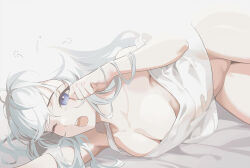 1girl armpit_peek bare_shoulders blue_eyes bottomless breasts cleavage highres light_blush long_hair lying medium_breasts messy_hair on_side one_eye_closed open_mouth rwby solo squeans strap_slip tank_top tearing_up thighs waking_up wangxiii weiss_schnee white_hair white_tank_top yawning