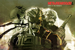 3boys balding colt_single_action_army cyborg dexter_soy facial_hair gun handgun headband load_bearing_vest male_focus manly metal_gear_(series) metal_gear_solid_4:_guns_of_the_patriots monochrome multiple_boys mustache old old_man old_snake pistol raiden_(metal_gear) revolver revolver_ocelot sneaking_suit solid_snake weapon