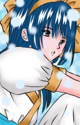 1girl ainu_clothes alternate_color black_eyes blue_hair breasts hair_ribbon highres legs long_hair looking_at_viewer nakoruru pants pink_lips ribbon samurai_spirits sitting small_breasts snk solo teeth the_king_of_fighters thighs