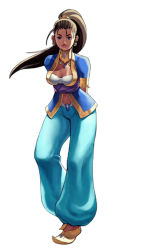 Rule 34 | 1girl, ahoge, arabian clothes, arika, arms behind back, blue eyes, breasts, brown hair, capcom, cleavage, dark-skinned female, dark skin, earrings, female focus, harem pants, jewelry, lips, long hair, navel, necklace, official art, pants, pointy footwear, ponytail, pullum purna, sash, shoes, solo, street fighter, street fighter ex (series), vest