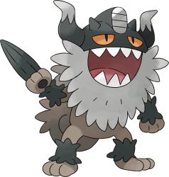Rule 34 | artist request, beard, claws, facial hair, full body, gen 8 pokemon, horns, nintendo, no humans, official art, open mouth, perrserker, pokemon, pokemon (creature), pokemon focus, pokemon swsh, sharp teeth, slit pupils, smile, solo, standing, teeth, third-party source, transparent background