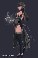 1girl au_ra warrior_of_light_(ff14) backless_dress backless_outfit black_background black_hair black_panties black_thighhighs book breasts dragon_horns dragon_tail dress final_fantasy final_fantasy_xiv from_side full_body highres horns kaname_nagi large_breasts long_hair looking_at_viewer open_book panties pelvic_curtain red_eyes scales scholar_(final_fantasy) solo tail thighhighs underwear