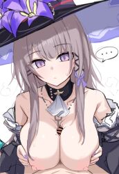 ... 1girl acht_ao ascot bar_censor bare_shoulders black_hat breasts breasts_squeezed_together brown_hair censored detached_sleeves flower hat hat_flower herta_(honkai:_star_rail) highres honkai:_star_rail honkai_(series) large_breasts long_hair looking_at_viewer nipples paizuri penis pov pov_crotch purple_eyes purple_flower purple_hat purple_nails purple_ribbon ribbon sweat the_herta_(honkai:_star_rail) white_ascot white_background witch_hat