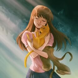 Rule 34 | 1boy, 1girl, alternate form, animal, brown hair, chalseu, closed eyes, closed mouth, commentary, cowboy shot, english commentary, fruit basket, fruits basket, highres, holding, holding animal, holding jacket, holding unworn clothes, honda tohru, jacket, light rays, long hair, orange cat, smile, sohma kyou, twitter username, unworn jacket