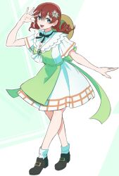 1girl arm_up back_bow blue_eyes blush bow breasts brooch brown_hair commentary dress drill_hair emma_verde flower freckles full_body green_background green_dress hair_between_eyes hair_flower hair_ornament hat_on_back jewelry la_bella_patria_(love_live!) large_breasts looking_at_viewer love_live! love_live!_nijigasaki_high_school_idol_club monowe neck_ribbon official_alternate_costume open_mouth ribbon short_sleeves smile socks solo symbol-only_commentary twin_drills two-tone_background white_background white_dress white_socks