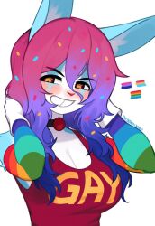 1girl animal_ears breasts cleavage colored_skin cupcake_(yoako) furry furry_female gloves large_breasts looking_at_viewer multicolored_hair original rabbit_ears rabbit_girl red_shirt shirt simple_background smile solo white_background white_gloves yoako