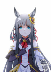 Rule 34 | 1girl, absurdres, animal ears, blue eyes, blue hair, blunt bangs, breasts, chrono genesis (umamusume), clenched hand, commentary request, detached sleeves, fingerless gloves, gloves, hair between eyes, hair ornament, highres, horse girl, looking at viewer, small breasts, solo, take20131004, umamusume, watermark, white background