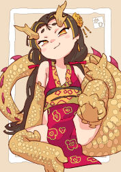 1girl animal_feet animal_hands black_hair blush_stickers border china_dress chinese_clothes claws commentary_request dragon_girl dragon_horns dragon_tail dress flat_chest flower foot_up gold_trim hair_flower hair_ornament hair_ribbon hand_up highres horns large_tail legs_apart long_hair looking_at_viewer mabo9317 monster_girl multicolored_hair no_panties original outside_border pelvic_curtain red_dress ribbon sash scales side_slit signature simple_background sitting smirk smug solo spiked_tail streaked_hair tail white_border yellow_eyes yellow_scales