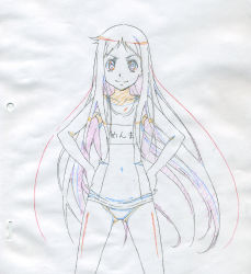 10s 1girl ano_hi_mita_hana_no_namae_wo_bokutachi_wa_mada_shiranai. female_focus hands_on_own_hips honma_meiko layout lineart long_hair monochrome one-piece_swimsuit production sakuga school_swimsuit solo swimsuit utsuki