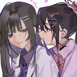 2girls ^^^ ahoge annoyed black_choker black_hair blue_eyes blue_ribbon blunt_bangs bow bowtie bright_pupils chinese_commentary choker closed_mouth collared_jacket collared_shirt commentary_request earrings expressionless frilled_choker frills grey_shirt hair_ornament hair_scrunchie happy heart hug hug_from_behind jacket jewelry lapels lips long_hair long_sleeves looking_at_another mole mole_under_eye mouth_hold multiple_girls multiple_moles neck_ribbon notched_lapels original ouge_dz pale_skin pink_bow pink_bowtie pink_lips pink_scrunchie purple_eyes purple_hair purple_shirt ribbon scrunchie shirt side_ponytail simple_background smile striped_bow striped_bowtie striped_clothes stud_earrings upper_body watermark weibo_watermark white_background white_jacket white_pupils yuri